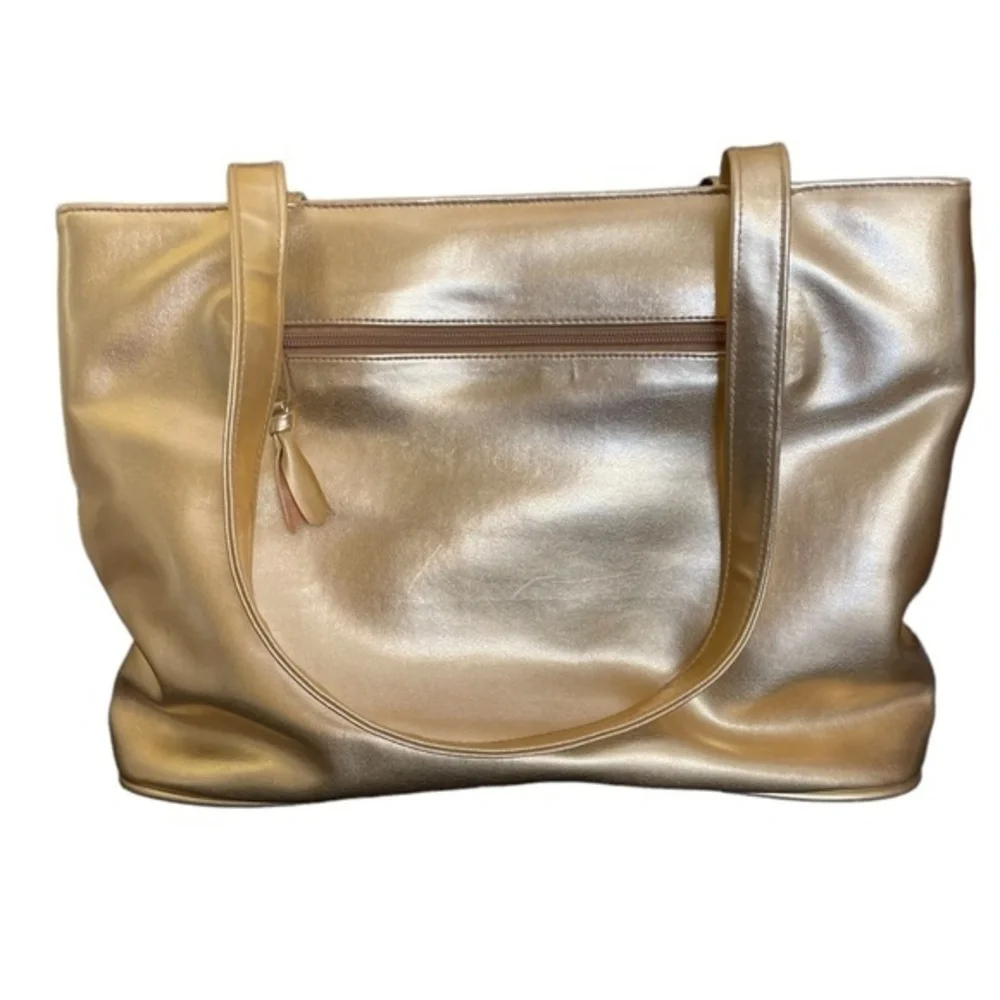1990s BH Smith Gold Quilted Faux Leather Shoulder Bag Vintage Shopper Tote Purse